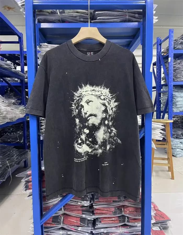 Saint jésus veilleuse Destruction en détresse imprimé à manches courtes T-shirt hommes femmes T petit haut t-shirts