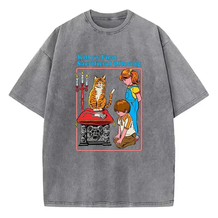 T-shirt Gothique Vintage Délavé 100% Coton avec Motif Chat de Bande Dessinée – Décontracté Streetwear Printemps-Été
