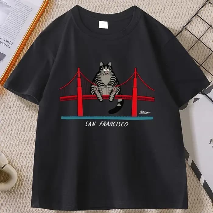 B-Kliban Cat San Francisco T-Shirt pour hommes et femmes, décontracté, en coton, à manches courtes,