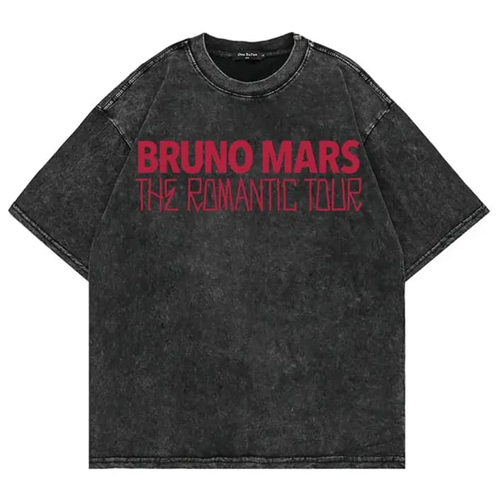 T-shirt 100% coton vintage lavé Bruno Mars The Romantic Tour 2026 Mode Homme/Femme Rétro Surdimensionné Décontracté