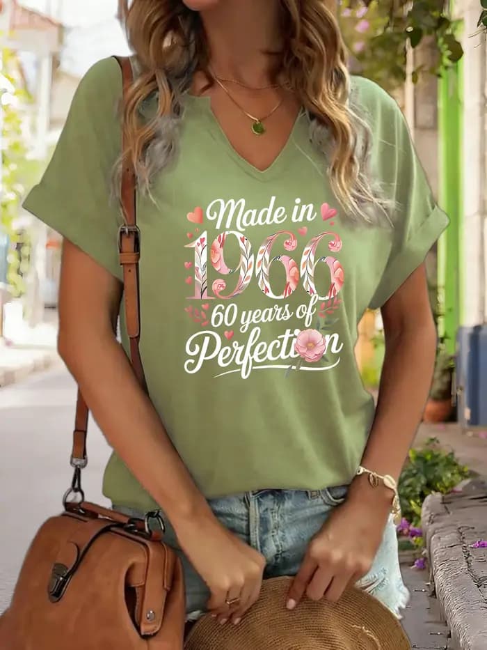 T-shirt graphique col en V pour femme « Made in 1966 », T-shirt imprimé « 60 ans de perfection », haut décontracté à manches courtes pour anniversaire