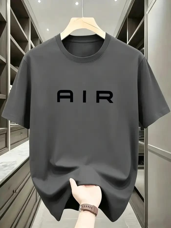 T-shirt bleu marine pour homme - Tissu extensible doux, coupe ample, col rond, manches courtes avec inscription AIR en lettres épaisses, léger pour l'été