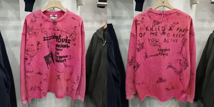 Sweat-shirt col rond rose vintage premium avec slogan Saint devant et derrière, style streetwear déc