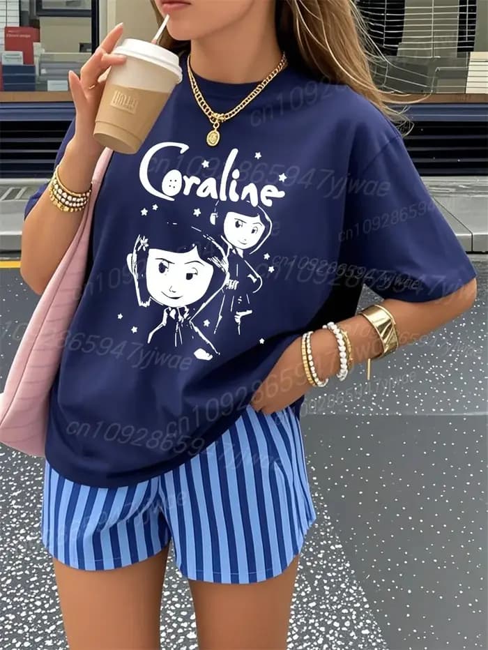 T-Shirt en coton de haute qualité pour femmes Coraline graphique 3d à manches courtes col rond ample et respirant confortable Streetwear haut décontracté