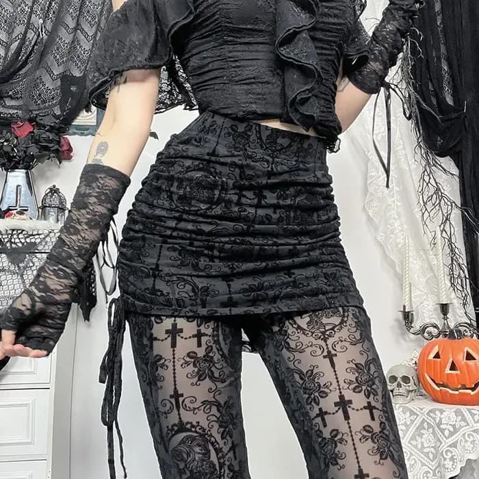 Pantalon gothique floqué foncé pour femmes, Streetwear esthétique Emo Alt Grunge transparent à lacets, taille haute, évasé