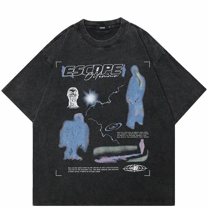 T-Shirt homme lavé noir Vintage Streetwear surdimensionné imprimé mode coréenne coton graphique évasion unisexe hauts t-shirts Y2K vêtements
