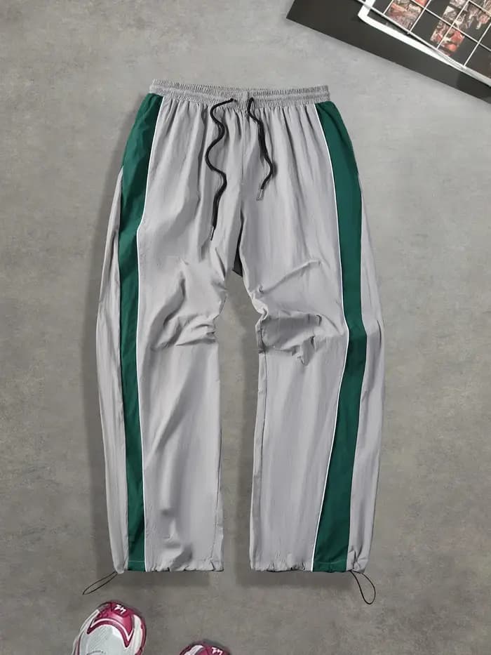 Pantalon de jogging gris-vert colorblock à rayures latérales pour homme, séchage rapide, avec cordon