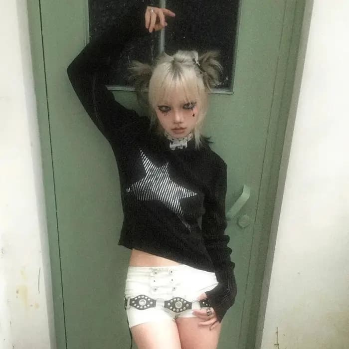 Karrcat Grunge Esthétique Star Print Trashy Y2k T-shirt en tricot à manches longues Vintage gothique tricots américain rétro années 90