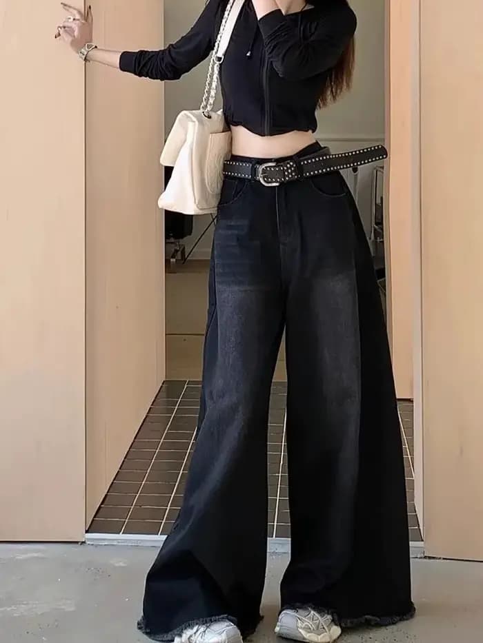 Jean élégant Chic américain Vintage noir à jambes larges pour femmes, taille haute, coupe ample, ami