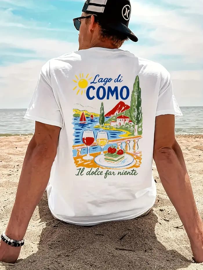 T-shirt vintage italien pour homme, imprimé « Lago Di Como », 100 % coton, décontracté, col rond, ma