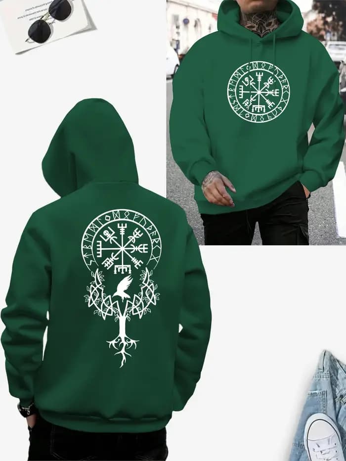 Sweat à capuche noir avec runes Viking et arbre imprimé Yggdrasil Life - Streetwear mythique nordique pour hommes/femmes
