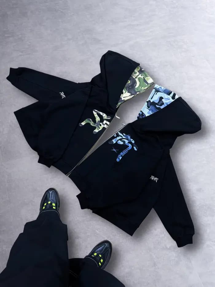 Sweat à capuche zippé imprimé camouflage obsidienne Y2K rétro