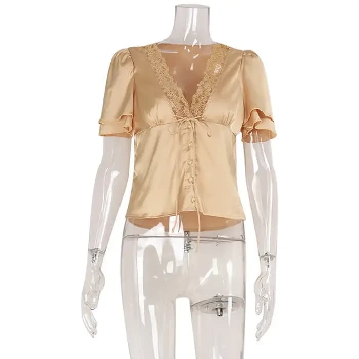 Tuularose élégant dentelle T-Shirt femme Sexy col en v