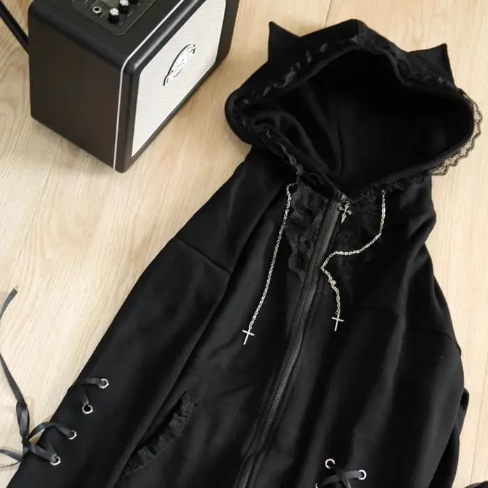 Sweat à capuche ample en dentelle noire pour femme