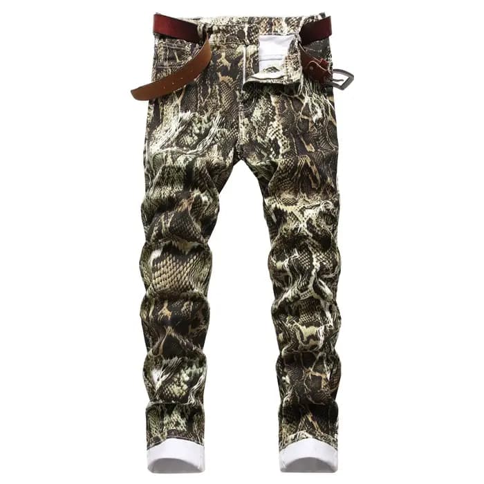 Jean pour hommes Hip Hop imprimé peau de serpent crayon pantalon coupe ajustée couleur Stretch taille moyenne lavé
