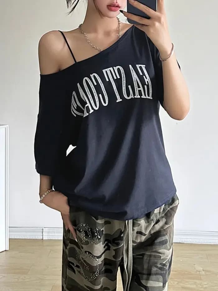 Lettres imprimer t-shirts pour femmes Streetwear encolure dégagée t-shirt à manches courtes Camisetas Grunge vêtements Ropa Mujer Y2k accessoires