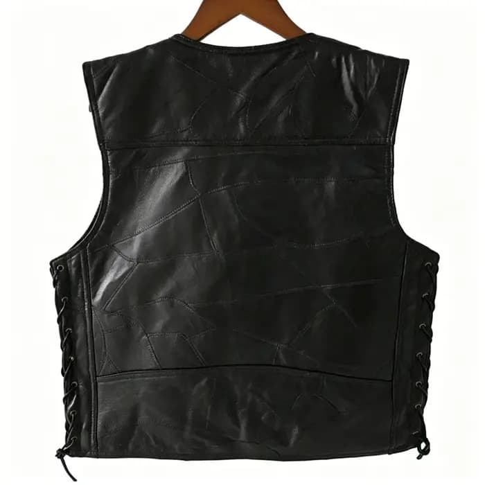 Gilet de motard en similicuir noir réglable avec lacets latéraux pour homme