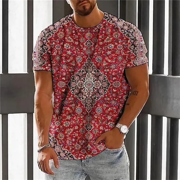 Bohème impression 3D T-Shirt pour hommes ethnique col rond manches courtes hauts géométrique Harajuku