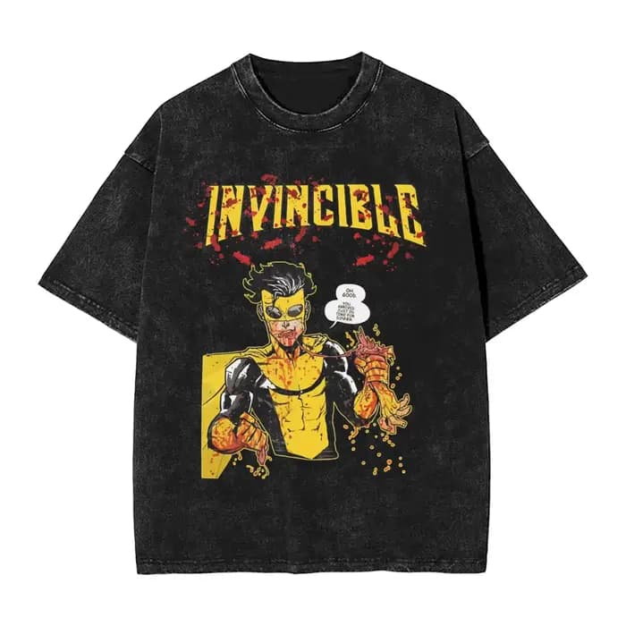 T-shirt unisexe oversize en coton, style streetwear, imprimé manga invincible américain, effet délav