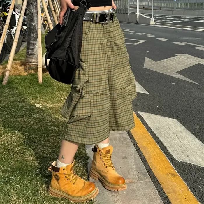 Street Plaid grande poche vêtements de travail pantacourt pour hommes femmes 2025 été nouveau Style américain ample marque à la mode pantalon à jambes larges
