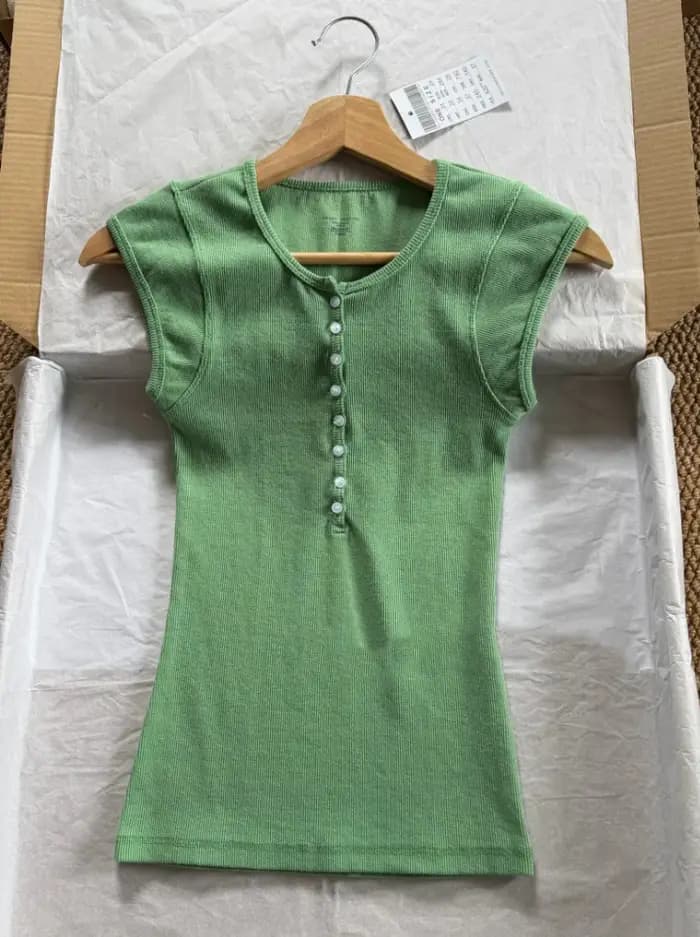 T-shirts slim Matcha Buttons pour femmes, été, décontracté, streetwear, côtelé, col rond, manches courtes, doux, simple, polyvalent, Y2K