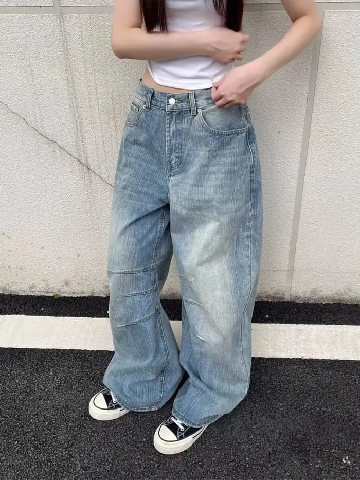 Trashy Y2K 2000S lavé bleu plissé Baggy jean Pantalon pour femmes 90S Vintage vêtements décontracté dame Denim