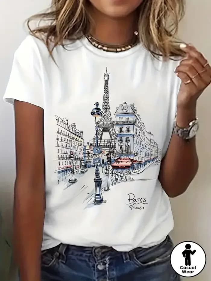 T-shirt à manches courtes décontracté pour femme avec motif de croquis de la Tour Eiffel de Paris