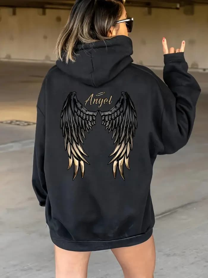 Sweat à capuche décontracté pour femmes avec ailes d'ange, cordon de serrage graphique, poche kangou