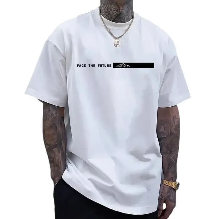 T-shirt Homme Imprimé « Face the Future » – Collection Été 2026 – Décontracté Quotidien – Manches Courtes – 100% Coton Doux – Vêtements pour Hommes