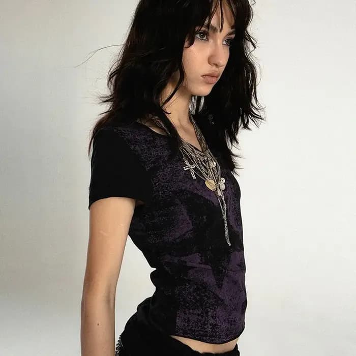 Karrcat Trashy Y2k haut court Grunge esthétique étoile imprimé T-shirt Vintage en détresse à manches courtes t-shirts Punk gothique Streetwear