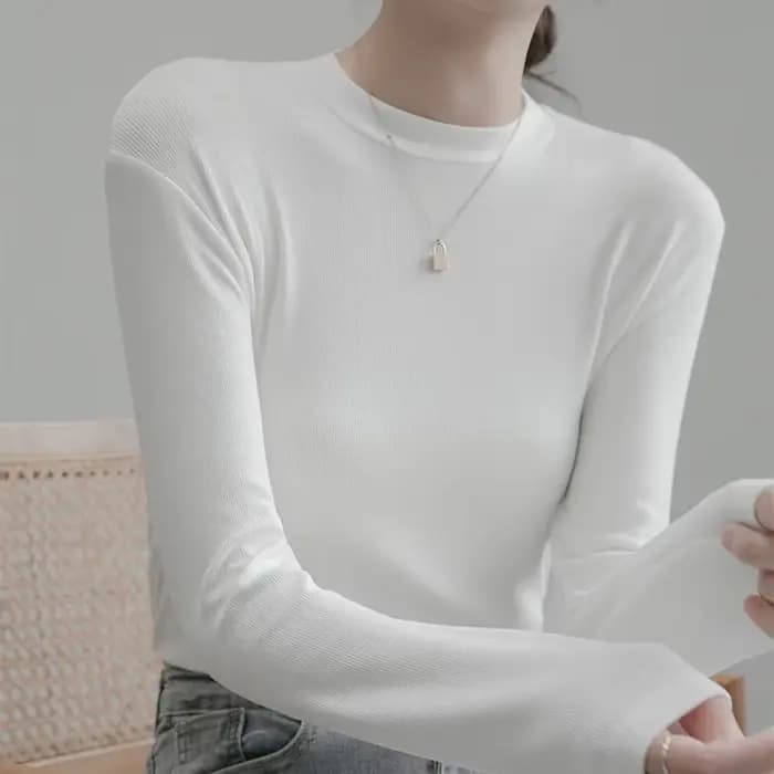 T-shirt à manches longues en coton blanc pour femme, vêtement de couleur pure, sans doublure