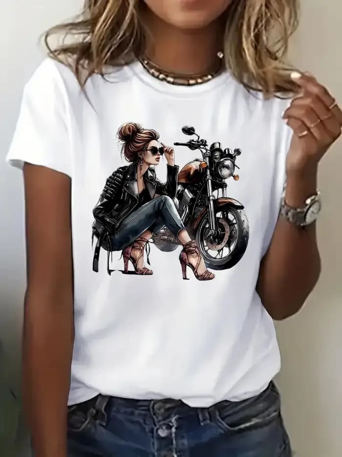 Rétro moto femmes imprimer T-shirt 2000s gothique femmes décontracté à manches courtes T-shirt vêtem