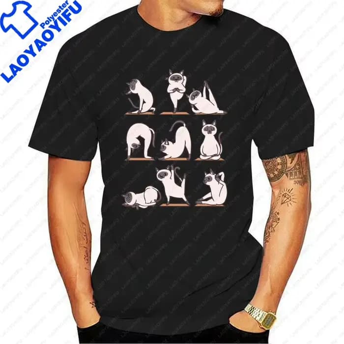 T-shirt imprimé chat siamois pour femmes et hommes, dessin animé de yoga, mince, respirant, manches