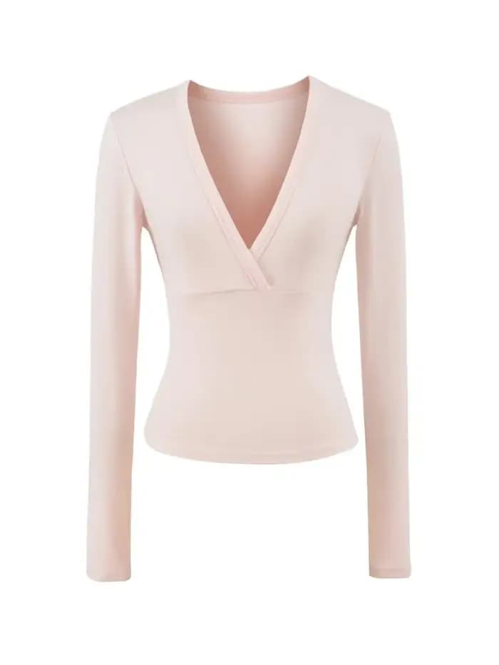 Mignon rose col en v mince T-shirts femmes automne nouveau Streetwear décontracté coton à manches longues