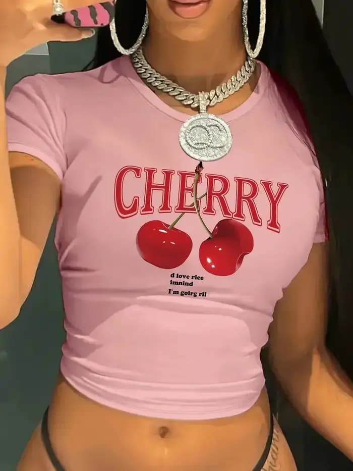 T-shirt col rond imprimé cerise Y2K