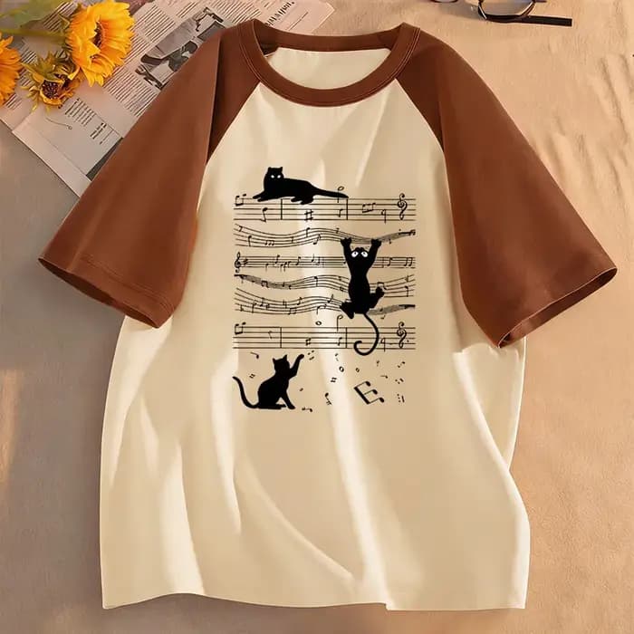 T-shirts Kawaii à la mode avec motif chat musical