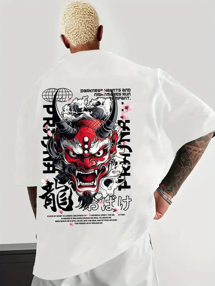T-shirt rouge avec impression de Hannya Oni Dragon Sakura Kanji au dos
