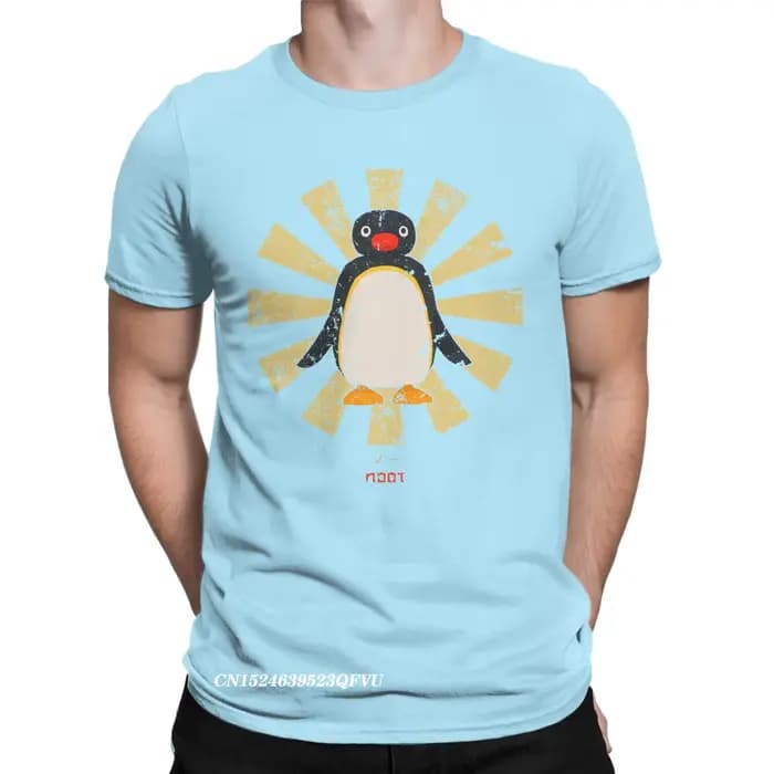 T-Shirt à col rond pour homme, en coton, imprimé, mignon, rétro japonais, Pingu Noot, Harajuku