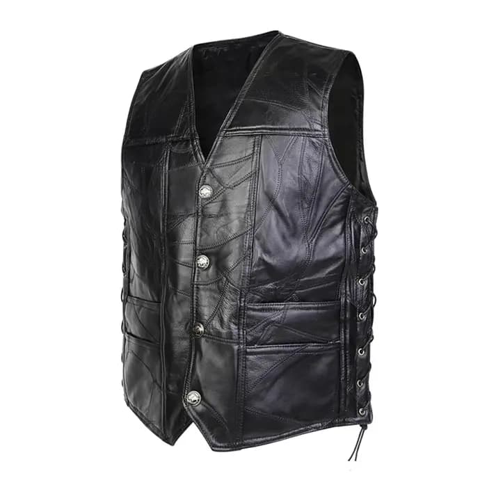Gilet de motard en similicuir noir réglable avec lacets latéraux pour homme