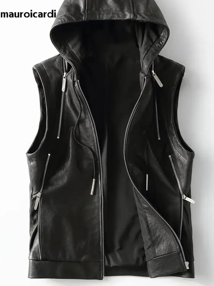 Mauroicardi printemps automne luxe élégant Cool noir Pu cuir gilet pour hommes avec capuche fermeture éclair sans