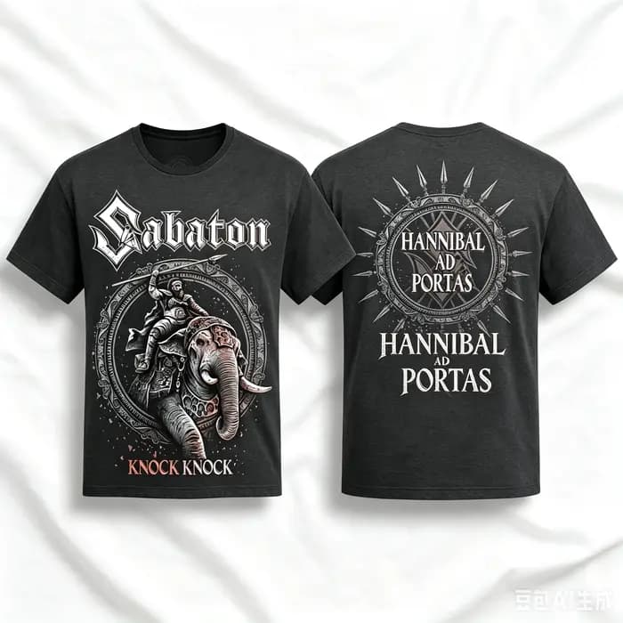 Sabaton Knock Knock Hannibal Ad Portas T-shirt double face avec image d'ensemble de groupe de Power Metal, t-shirt unisexe en coton à manches courtes