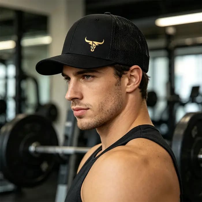Casquette de baseball respirante en maille avec imprimé tête de bœuf doré