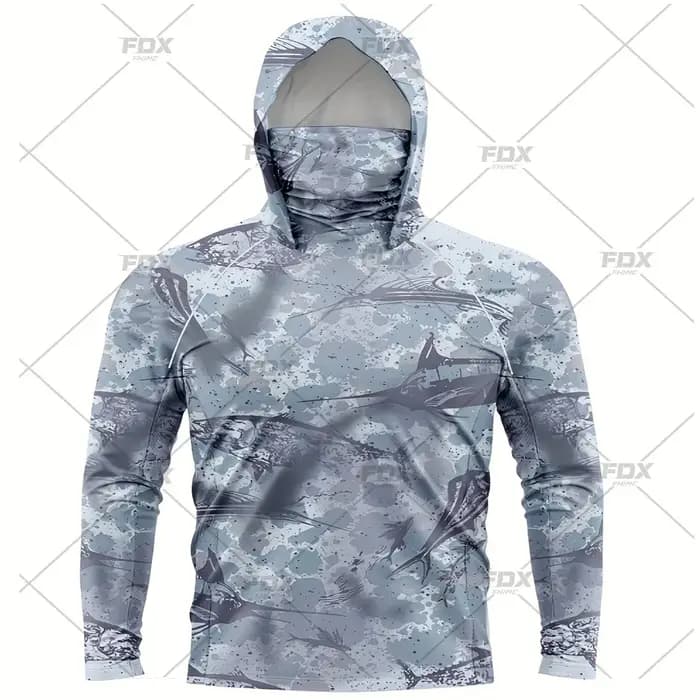 Sweat à capuche coloré camouflage vert armée avec masque facial UV 50 + guêtre vêtements de pêche T-shirt à manches longues respirant à séchage rapide pour hommes