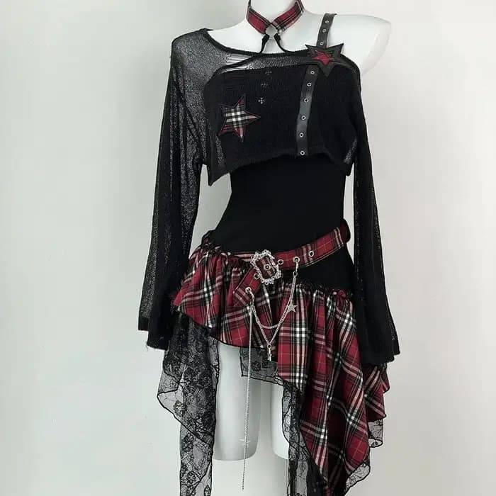Ensemble deux pièces, Streetwear, Patchwork à carreaux, robe sans bretelles irrégulière + Y2k, haut