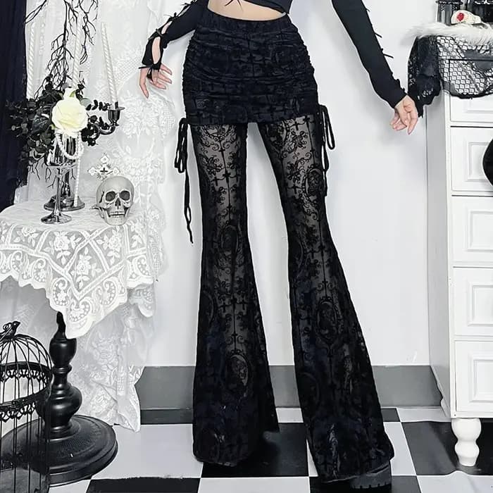 Pantalon gothique floqué foncé pour femmes, Streetwear esthétique Emo Alt Grunge transparent à lacets, taille haute, évasé