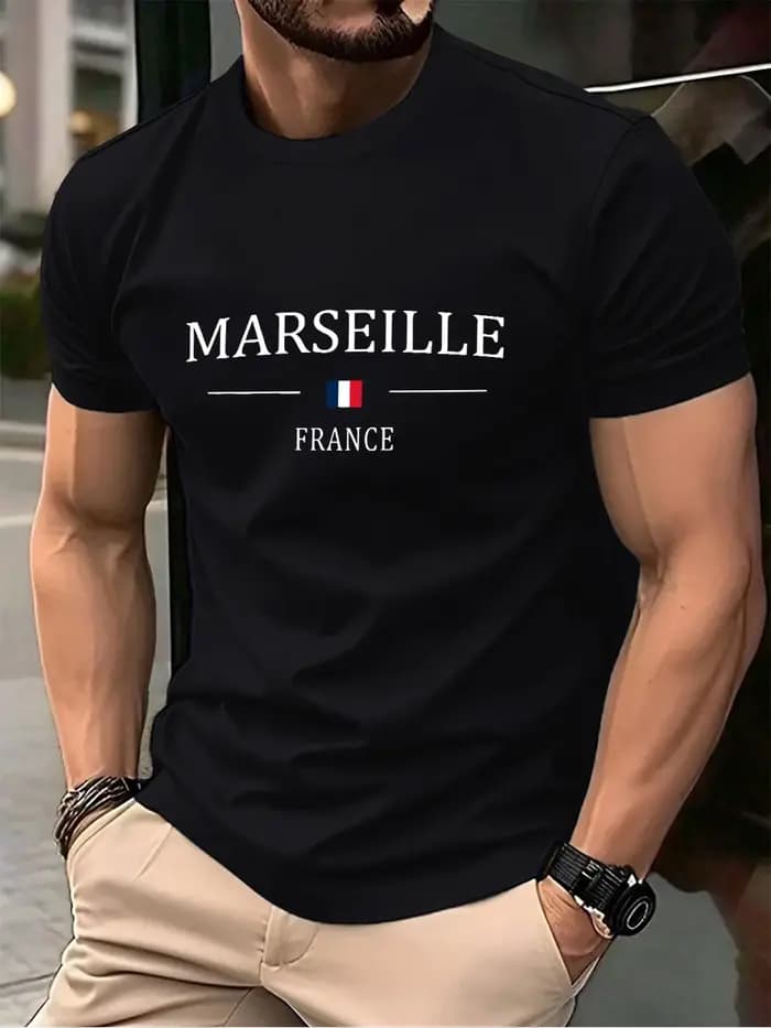 Marseille France drapeau impression coton T-Shirts hommes été surdimensionné col rond t-shirt à manches courtes doux hauts vêtements masculins de base