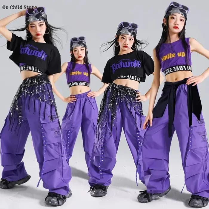 Hip Hop filles doux haut court violet Cargo pantalon enfants K-pop fille groupe rue danse vêtements ensembles