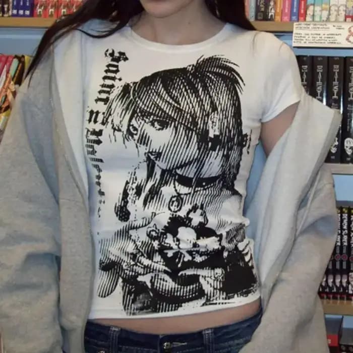 Y2k anime Streetwear col rond 90s texte impression hauts femmes Harajuku vêtements Simple Vintage T-shirt court
