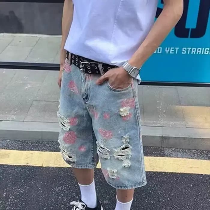Shorts en jean déchirés et délavés style streetwear américain pour homme