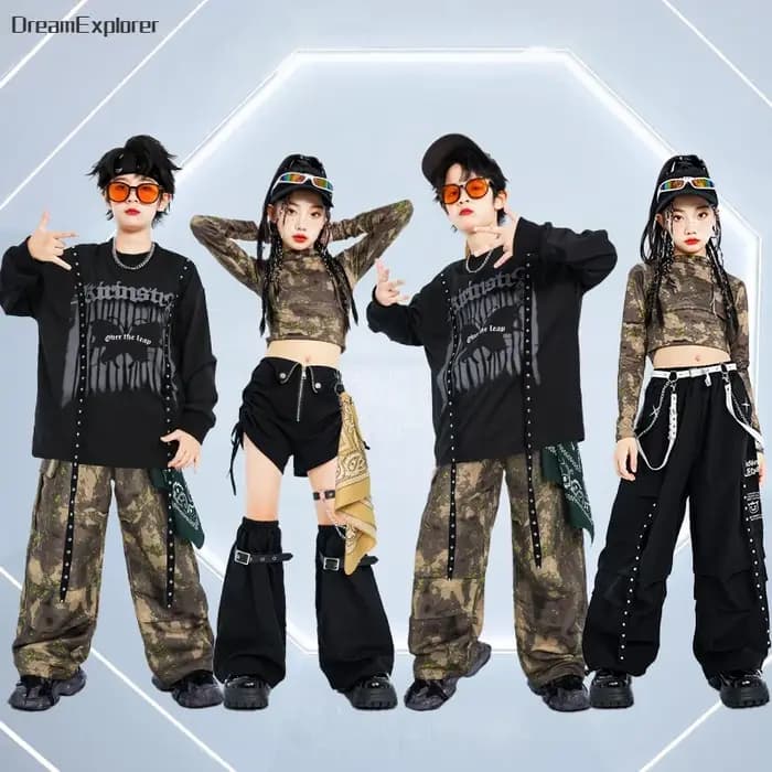 Hip Hop filles culture sweats à capuche danse de rue Camouflage Cargo pantalon garçons Streetwear sweat enfant Jazz k-pop Costumes vêtements ensembles